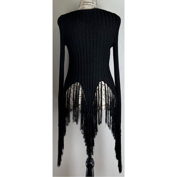 Moschino Black Ribbed Cardigan Sweater long Fringed Sleeve Asymmetrical hem 4 US - Picture 5 of 11